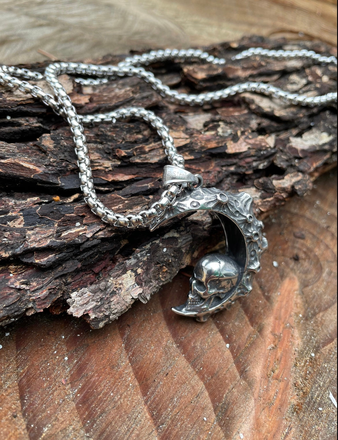 Men's large moon skull stainless steel necklace -FINAL SALE-