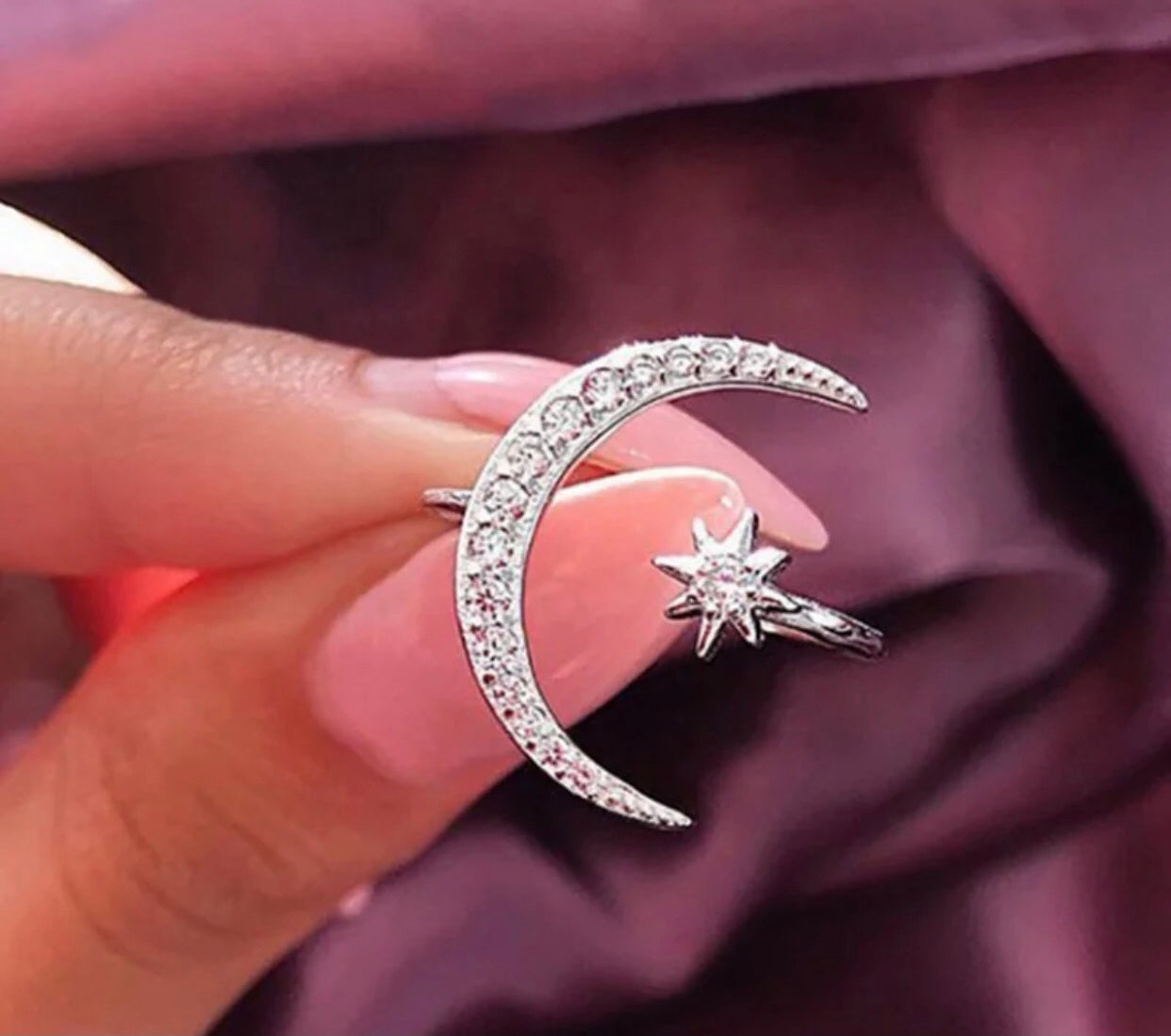 Crescent moon and star ring