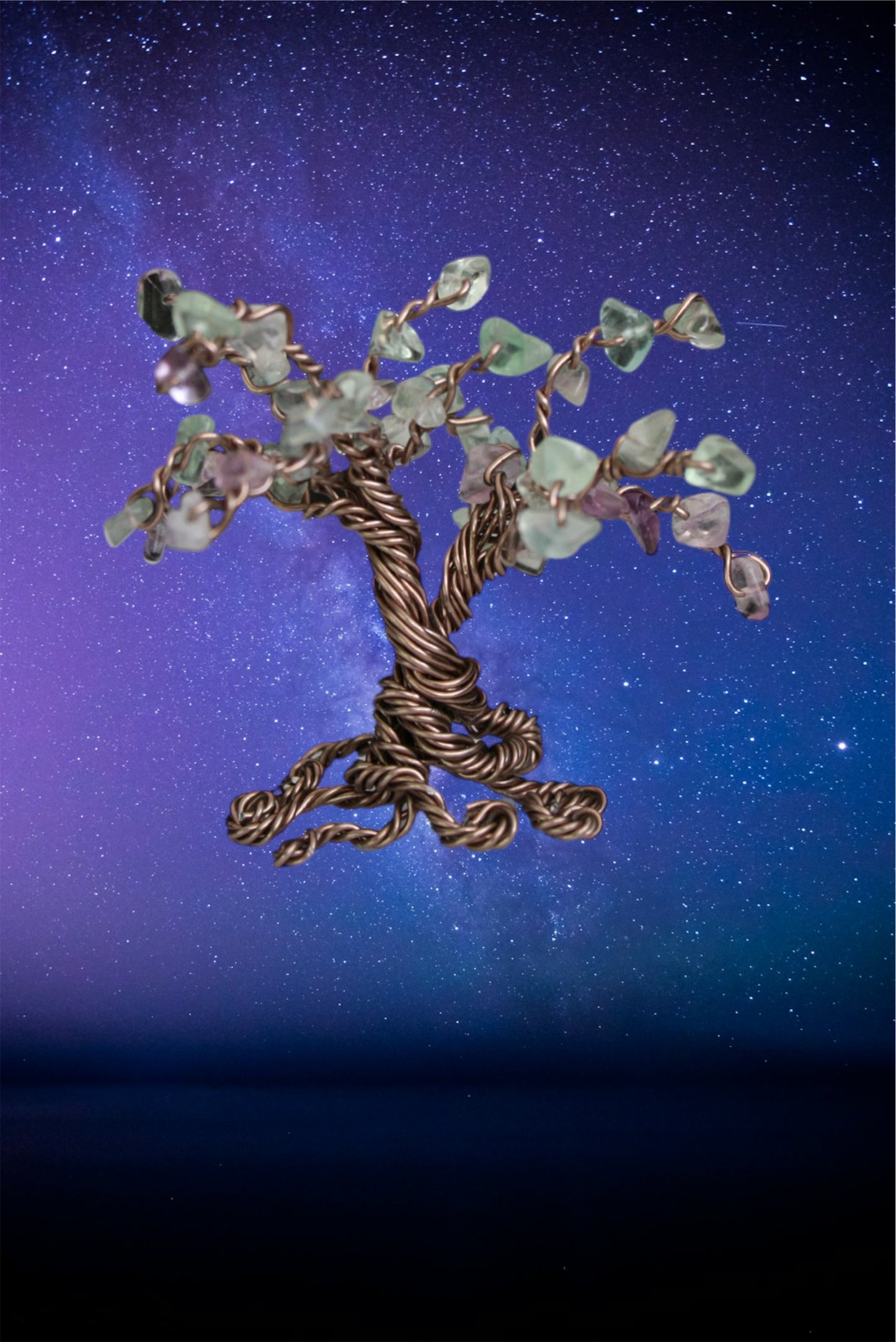 Handmade copper, silver, gold and rose gold colored wire trees with crystal semi precious stones tree of life