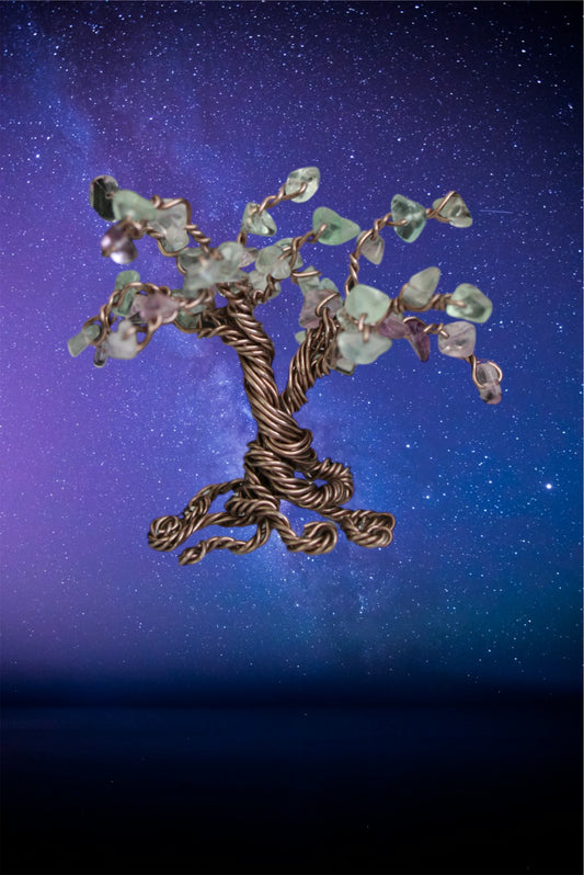 Handmade copper, silver, gold and rose gold colored wire trees with crystal semi precious stones tree of life