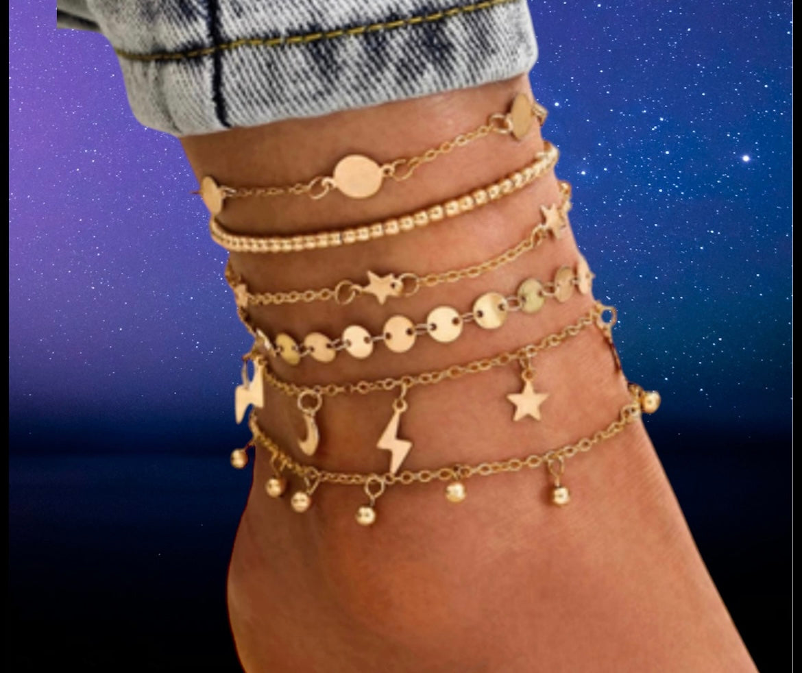 6 piece gold colored anklet