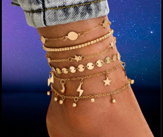 6 piece gold colored anklet
