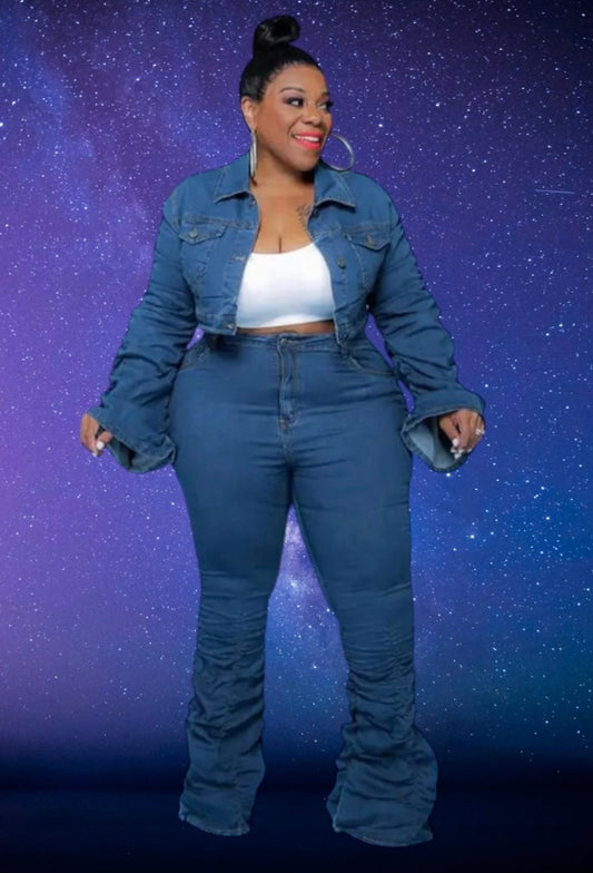 Plus size ruched jean two  piece set