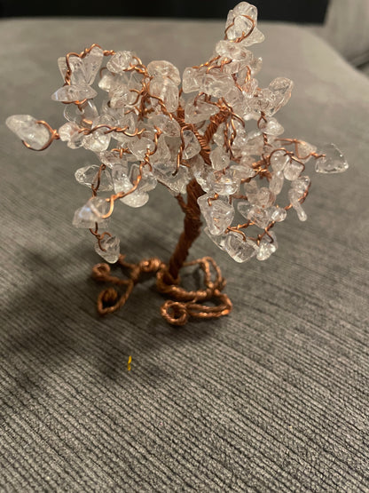 Handmade copper, silver, gold and rose gold colored wire trees with crystal semi precious stones tree of life