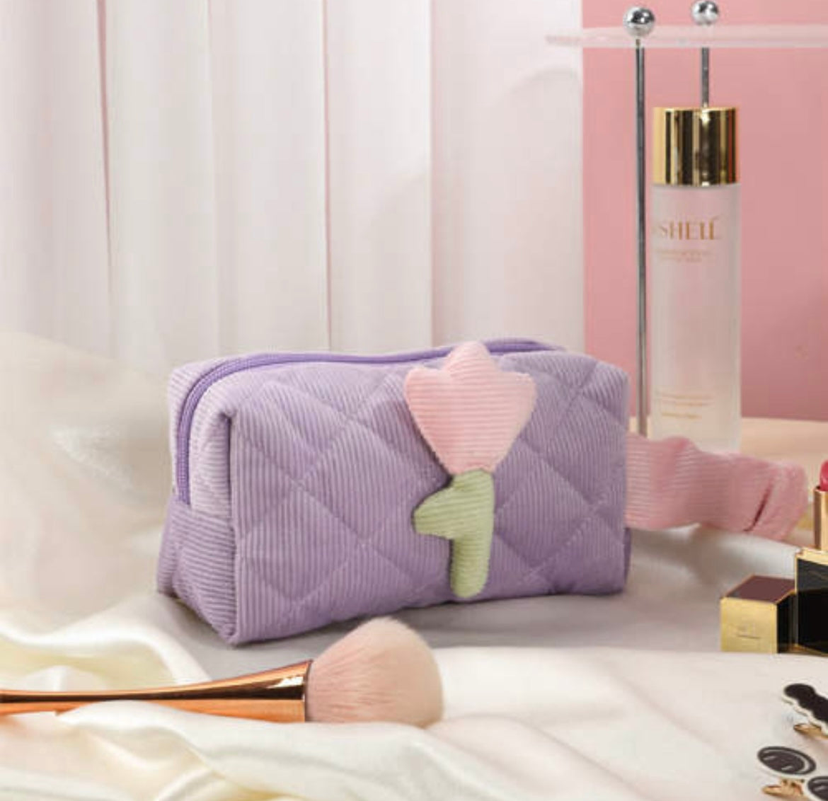 Corduroy flower cosmetics bag -FINAL SALE-