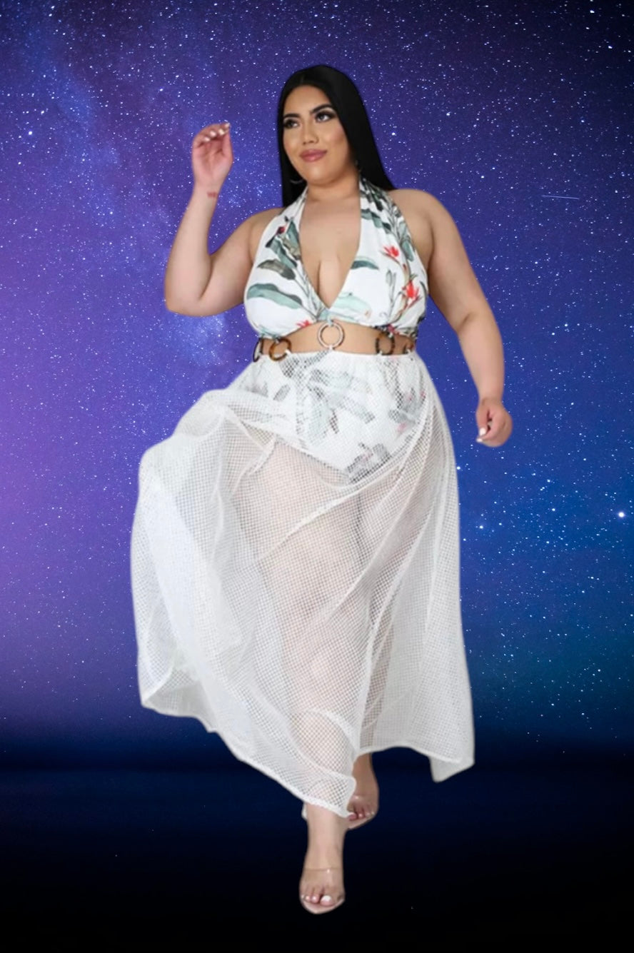 Hawaiian print one piece bathing suit with fishnet skirt