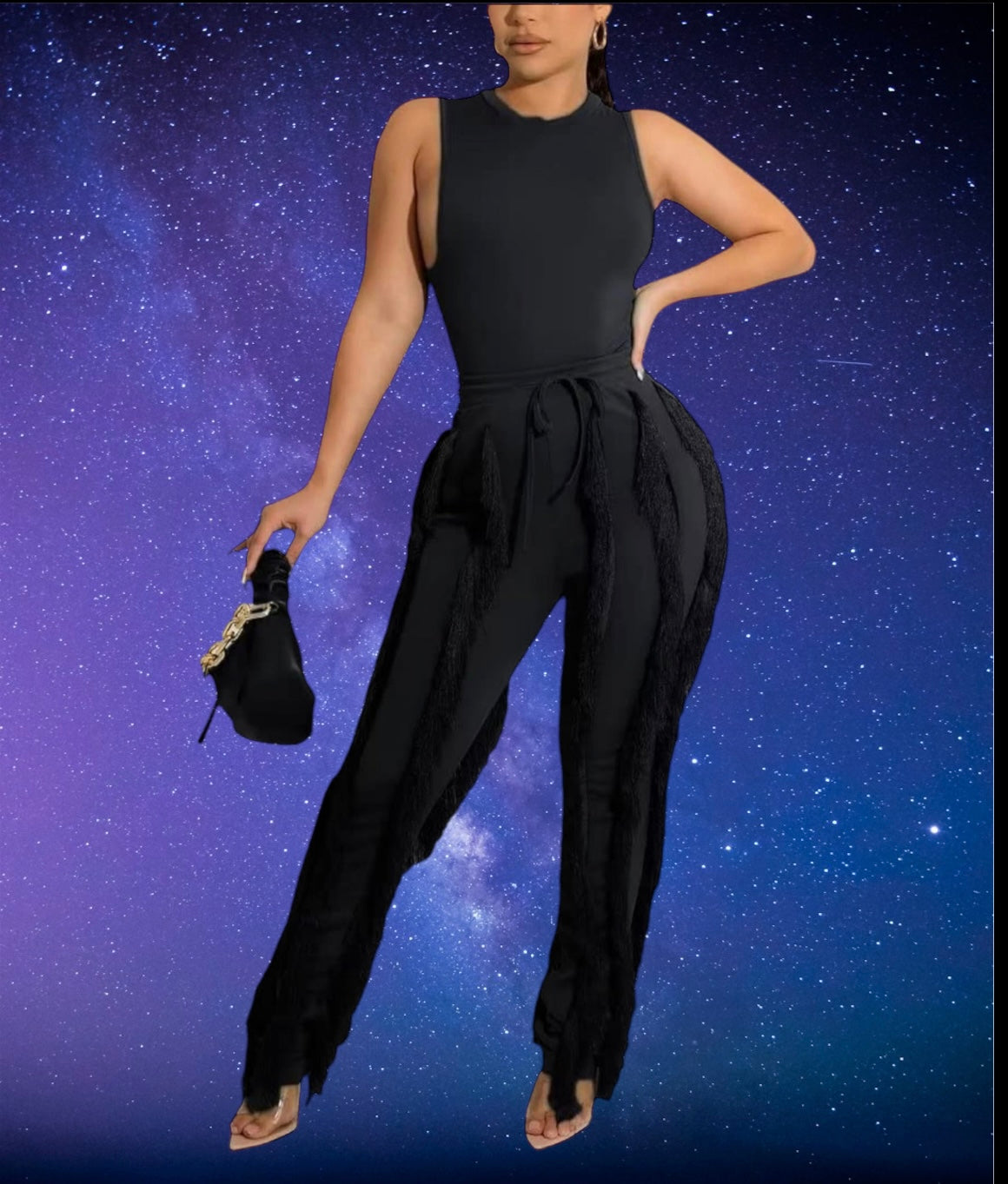Two piece bodysuit with tassel pants