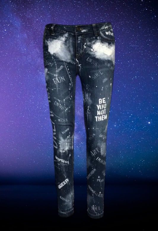 Unique handcrafted upcycled stenciled jeans - size 12 (kids)