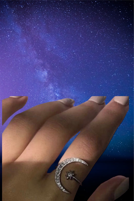 Crescent moon and star ring