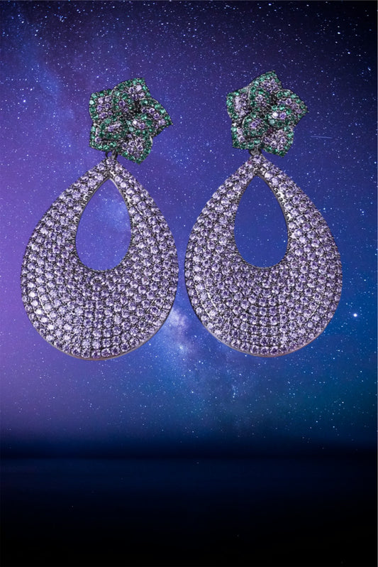 Sparkly teardrop purple flower earrings