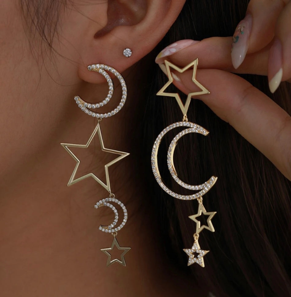 Star moon pearl drop earrings
