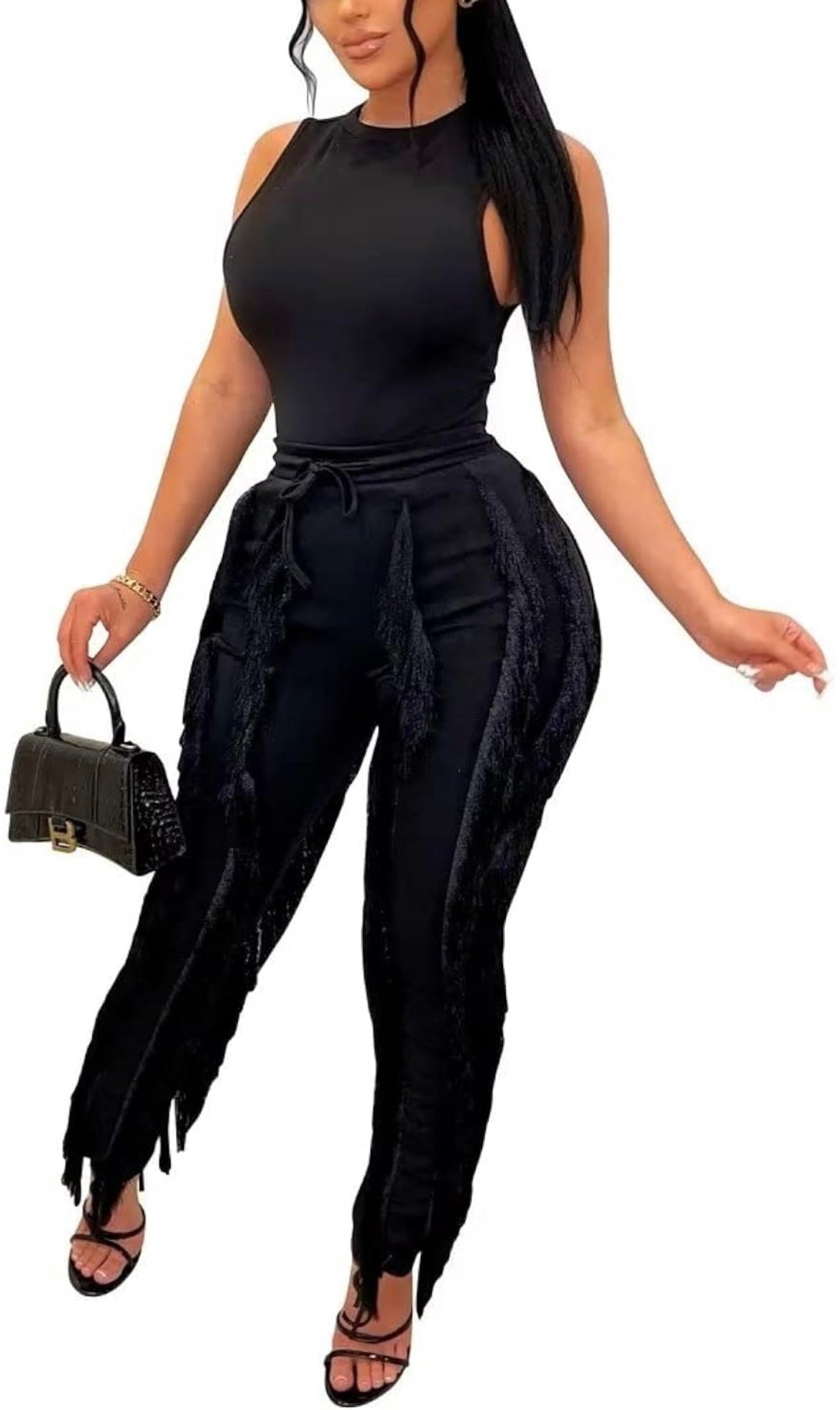 Two piece bodysuit with tassel pants