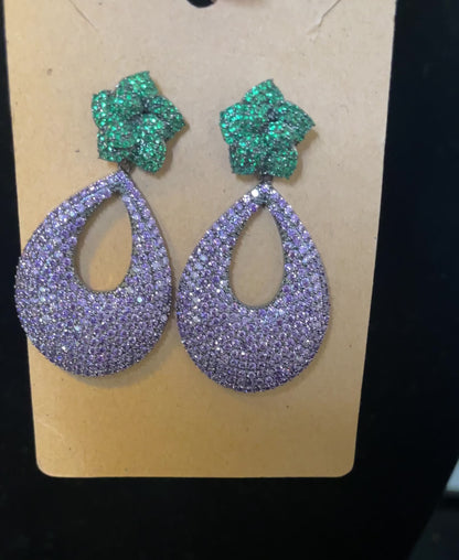 Sparkly teardrop purple flower earrings