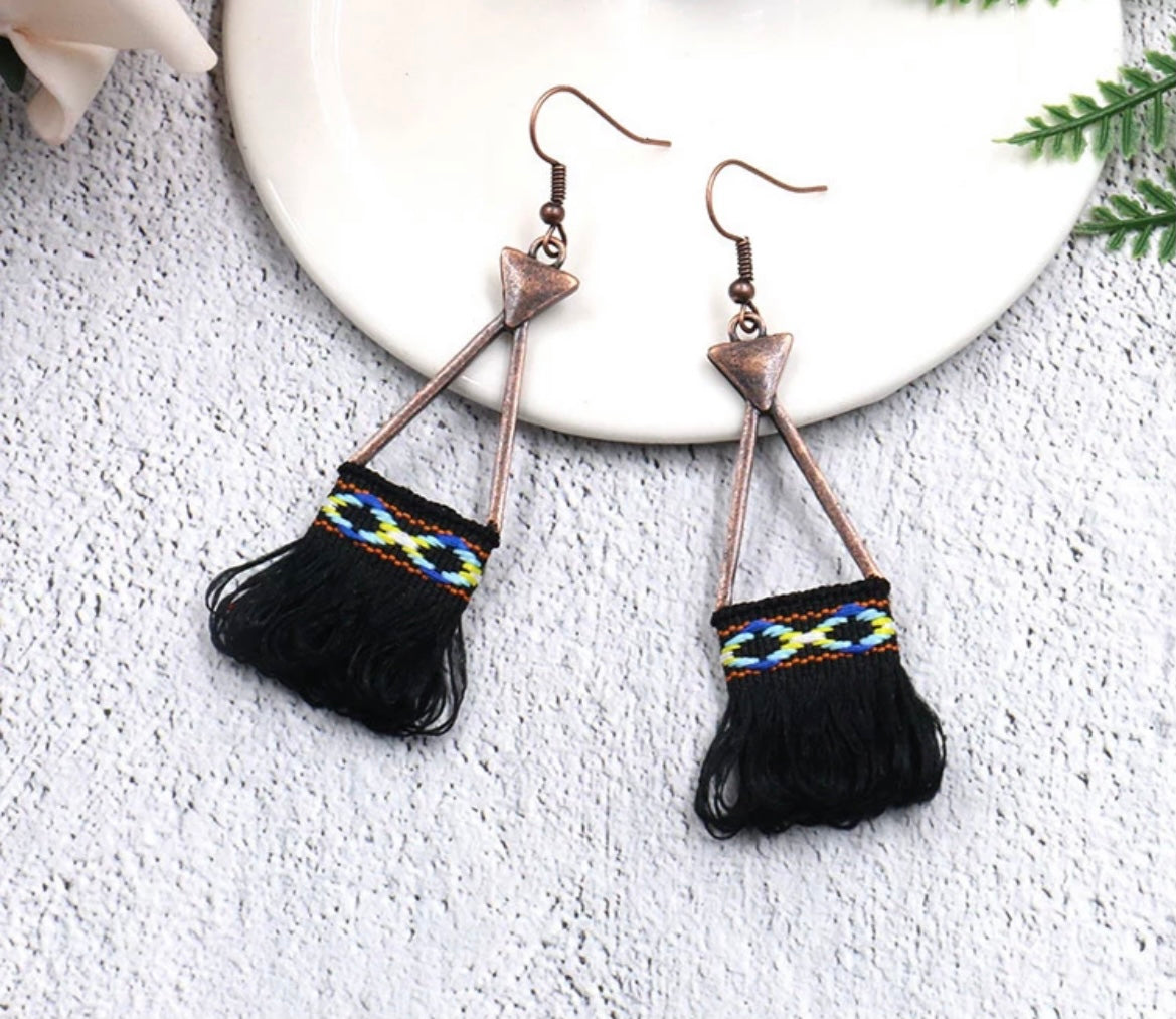 Embroidered tassel earrings