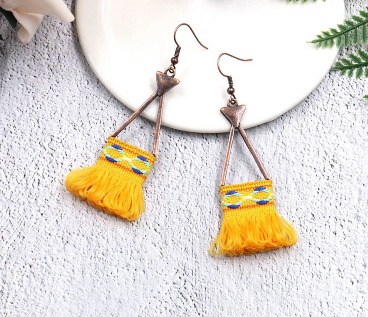 Embroidered tassel earrings