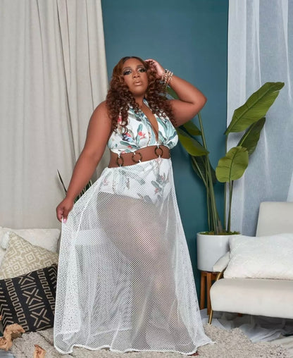 Hawaiian print one piece bathing suit with fishnet skirt