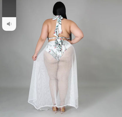 Hawaiian print one piece bathing suit with fishnet skirt