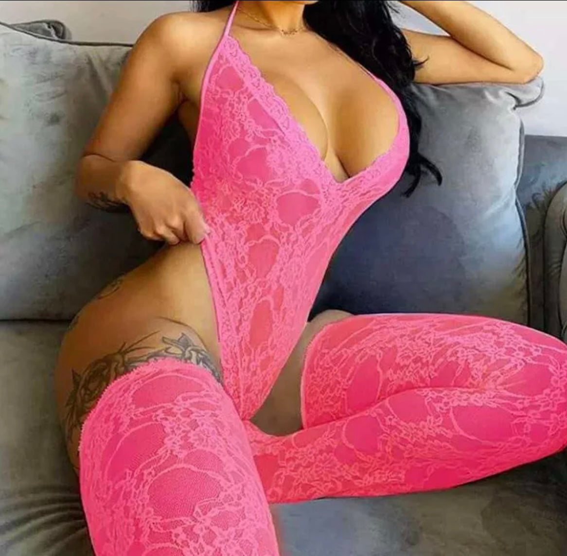 Lace halter bodysuit with stockings -FINAL SALE-