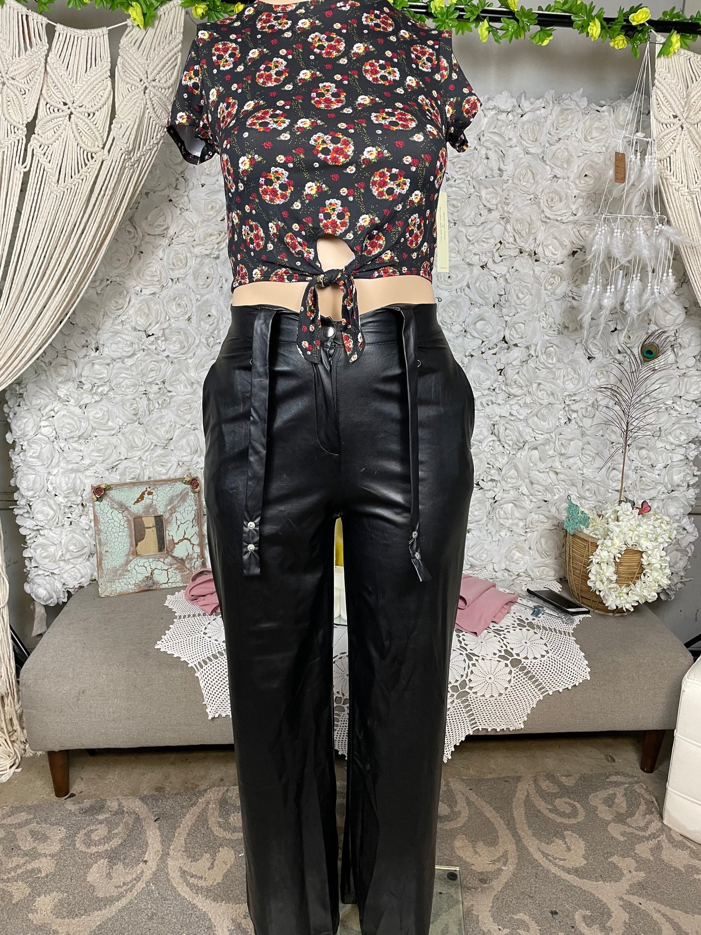Faux leather overall bell bottoms