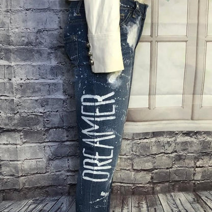 Unique handcrafted upcycled stenciled jeans - size 12 (kids)
