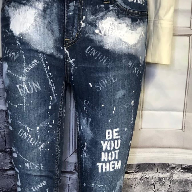 Unique handcrafted upcycled stenciled jeans - size 12 (kids)