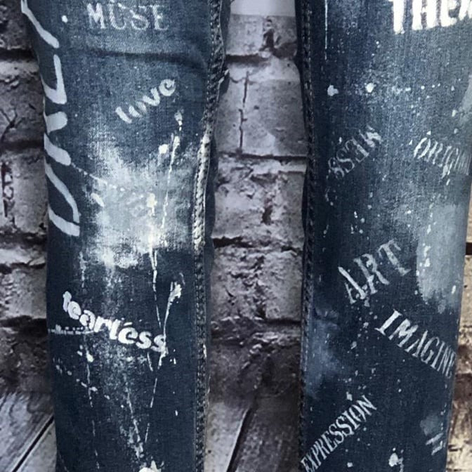 Unique handcrafted upcycled stenciled jeans - size 12 (kids)