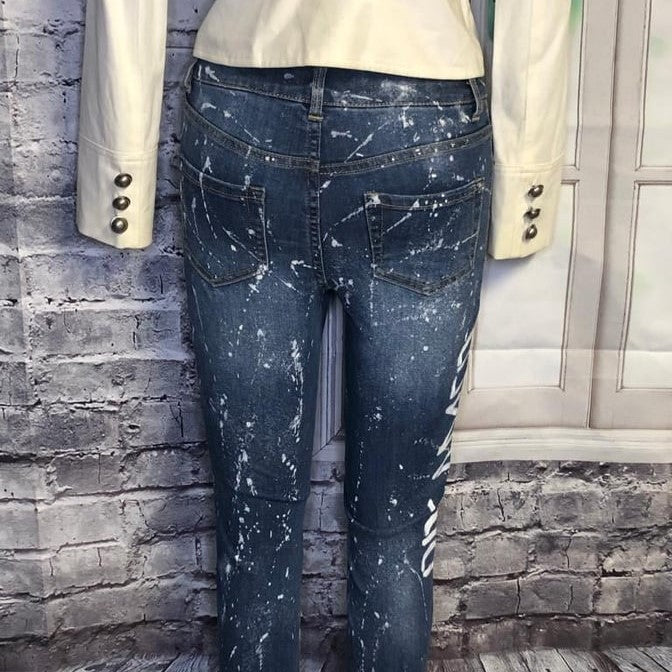 Unique handcrafted upcycled stenciled jeans - size 12 (kids)